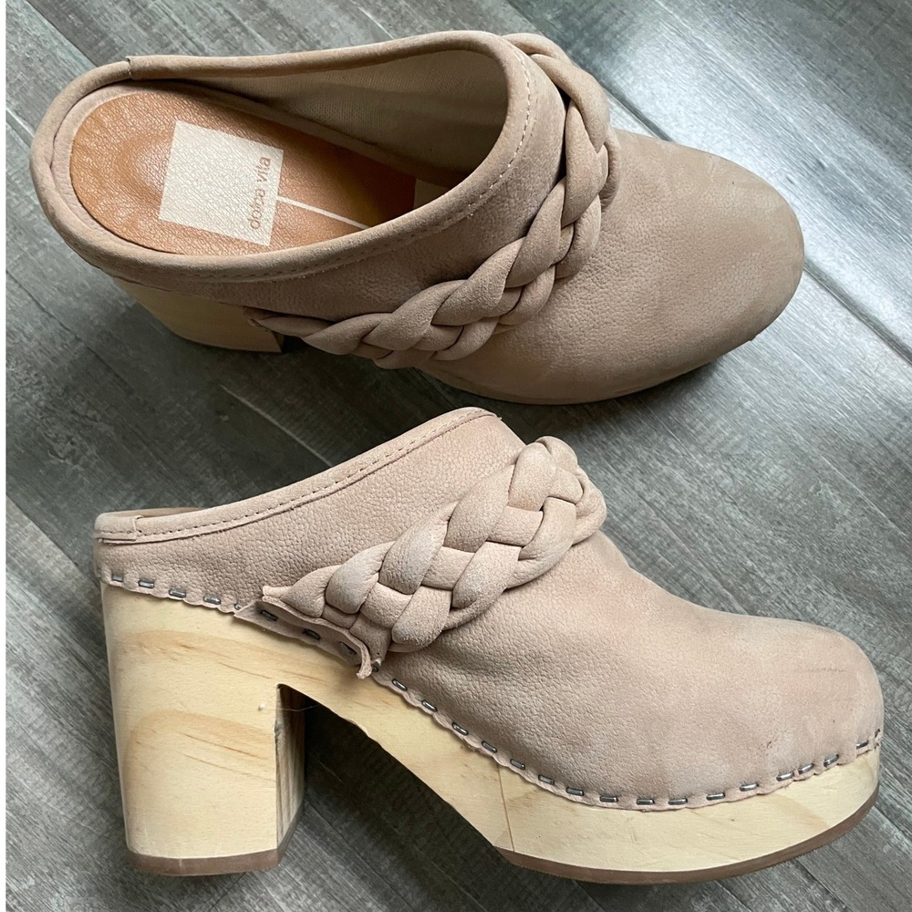 Dolce Vita Hila Braided Wood Heel Clog Mules Dune Tan Suede Platform Shoes 6